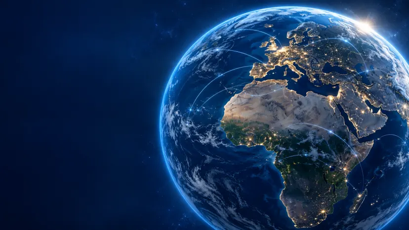 Illustration : un globe connecté évoquant le développement international et le renseignement stratégique.